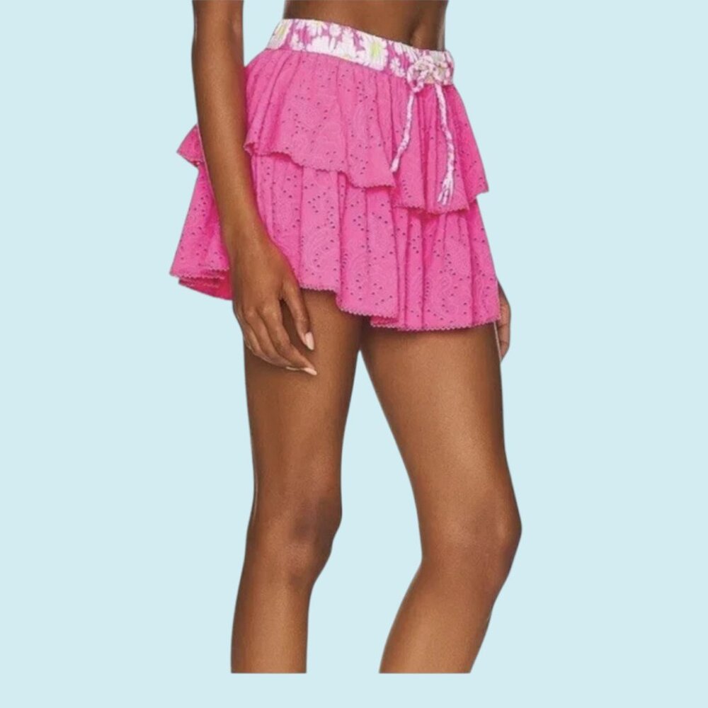 LoveShackFancy x Hurley Skirt Size XS Pink Mini Tiered Ruffle Eyelet Paisley - Picture 2 of 14